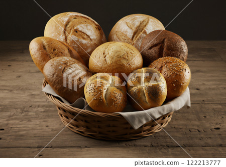 籃子裡各種新鮮出爐的麵包 籃子裡各種新鮮出爐的麵包 122213777