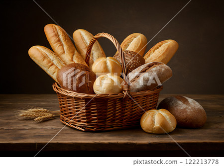 籃子裡各種新鮮出爐的麵包 122213778