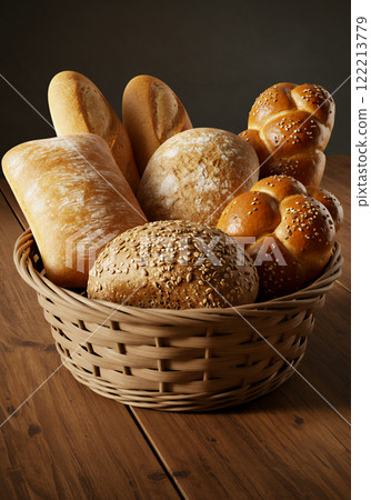 籃子裡各種新鮮出爐的麵包 籃子裡各種新鮮出爐的麵包 122213779