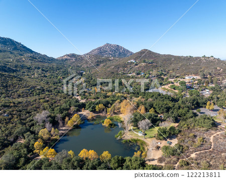 Aerial view of small lake in the in the valley of Dos Picos County Park in Ramona Aerial view of small lake in the in the valley of Dos Picos County Park in Ramona 122213811