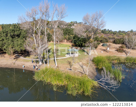 Aerial view of small lake in the in the valley of Dos Picos County Park in Ramona Aerial view of small lake in the in the valley of Dos Picos County Park in Ramona 122213814