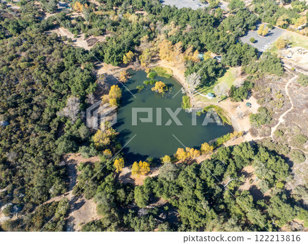 Aerial view of small lake in the in the valley of Dos Picos County Park in Ramona 122213816