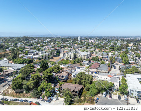 Aerial view above Hillcrest neighborhood in San Diego, California Aerial view above Hillcrest neighborhood in San Diego, California 122213818