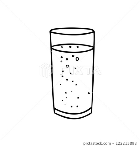 Tall Glass with Water with Bubbles or a Fizzy Drink. A Black and white outline drawing. Minimalist style illustration in Doodle Style isolated on a background. Ideal for beverage branding, restaurant Tall Glass with Water with Bubbles or a Fizzy Drink. A Black and white outline drawing. Minimalist style illustration in Doodle Style isolated on a background. Ideal for beverage branding, restaurant 122213898