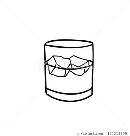 Glass of Whiskey or other Drink and Ice. Hand drawn Vector illustration in Doodle style isolated on a white background. A simple minimalist Black and white illustration. Perfect for use in menu design Glass of Whiskey or other Drink and Ice. Hand drawn Vector illustration in Doodle style isolated on a white background. A simple minimalist Black and white illustration. Perfect for use in menu design 122213899