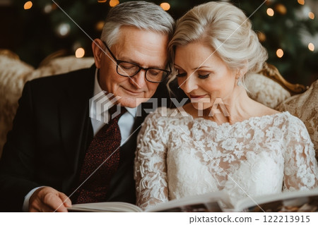 Elegant mature couple sharing a tender moment while reading a book together, with soft lighting and a festive Christmas tree in the background, symbolizing love and togetherness. 122213915