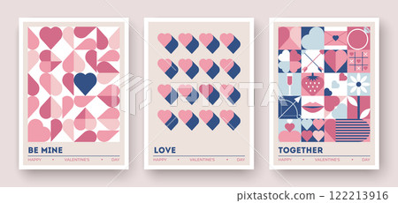 Three Valentines Day cards with abstract hearts, geometric patterns, and romantic symbols 122213916