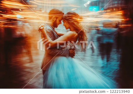 A romantic couple dancing under city lights with motion blur, creating a magical and dreamy atmosphere. The bride flowing dress and the groom embrace highlight their deep connection 122213940