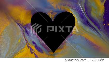 Glossy paint. Romantic overlay. Defocused blue yellow multicolor black shape heart frame ink texture blend on abstract art background. 122213949