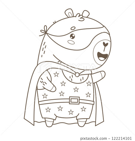 Outline Capybara Superhero in Mask and Star Cloak. Funny Cartoon kawaii animal. Line drawing, coloring page. Vector illustration. Kids collection 122214101