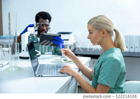 Female chemist in lab discussing with multiethnic colleagues using technology 122214108