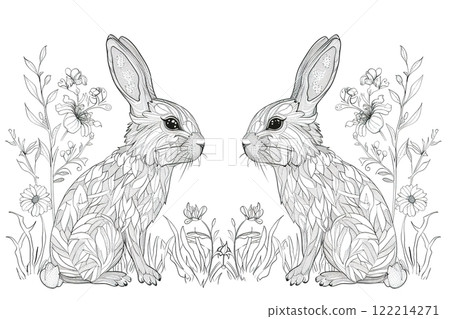 Intricate forest rabbits surrounded by detailed floral designs for coloring Intricate forest rabbits surrounded by detailed floral designs for coloring 122214271