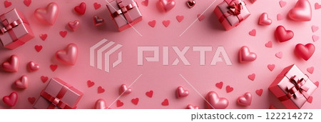 Pink valentines gifts and hearts arranged on a soft textured background surface Pink valentines gifts and hearts arranged on a soft textured background surface 122214272