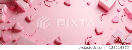Pink festive arrangement with hearts, boxes, and decorations on a soft background 122214273