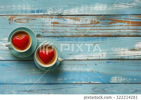 Two heart-themed coffee cups on a rustic blue wooden surface 122214281