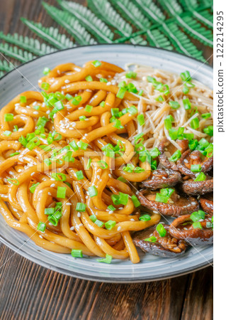 Udon Noodles with Soy Unagi Sauce, Mushrooms, and Green Onion 122214295