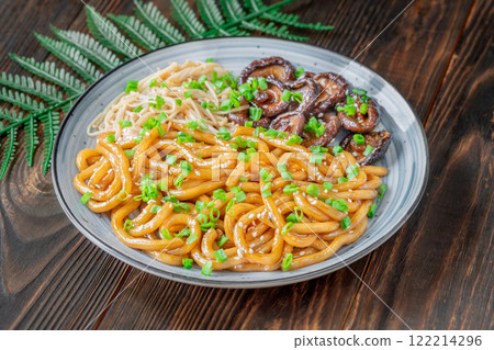 Udon Noodles with Soy Unagi Sauce, Mushrooms, and Green Onion 122214296