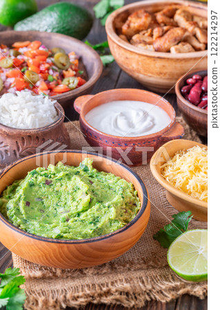 Burrito Bowl Components: Salsa, Cheese, Chicken, Rice, and More Burrito Bowl Components: Salsa, Cheese, Chicken, Rice, and More 122214297
