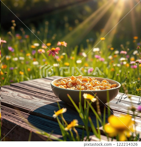 Snack time with popcorn in a vibrant flower field during golden hour 122214326