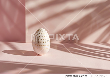 Elegant decorated egg with golden details on a soft pink background 122214328