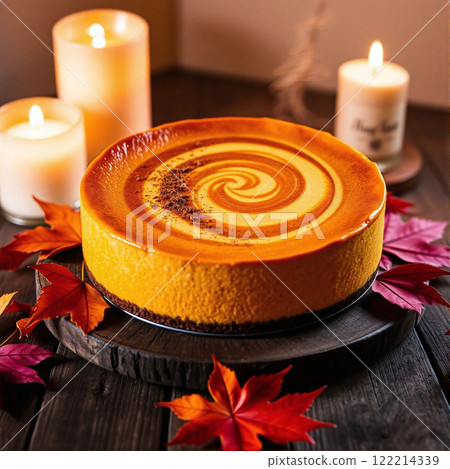 Delicious pumpkin cheesecake decorated with leaves and candles in autumn setting 122214339