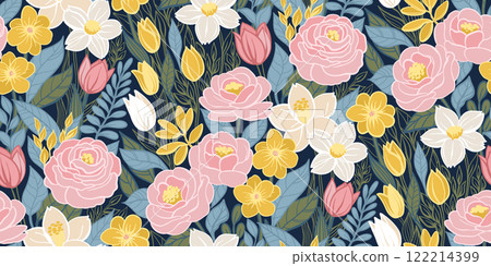 Colorful seamless floral pattern with pink roses, yellow flowers, white blooms and lush green leaves on a dark background. Ideal for fabric, wallpaper, wrapping paper, stationery and digital projects. Colorful seamless floral pattern with pink roses, yellow flowers, white blooms and lush green leaves on a dark background. Ideal for fabric, wallpaper, wrapping paper, stationery and digital projects. 122214399