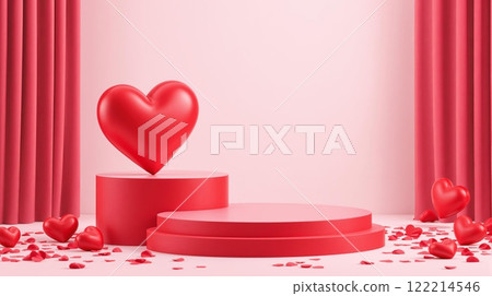 Red Heart On Pink Podium With Falling Petals, Romantic Decoration Concept For Valentine's Day, For Advertising, Showcases Red Heart On Pink Podium With Falling Petals, Romantic Decoration Concept For Valentine's Day, For Advertising, Showcases 122214546