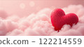 Red heart on soft pink clouds background, concept of romance, love and Valentine's Day celebration, banner for advertising and greetings. Copy space 122214559