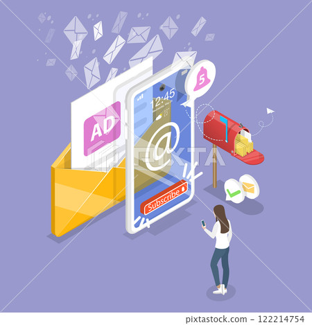 3D Isometric Flat Vector Illustration of Subscribe Newsletter Service, Online Marketing 122214754