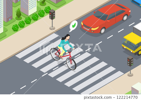 3D Isometric Flat Vector Illustration of Zebra Markup, Urban Commuter Businessman Rides Bicycle To Work In The City 122214770