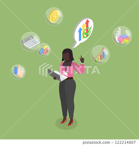 3D Isometric Flat Vector Illustration of Financial Analyst, Stock Market Trends 122214807