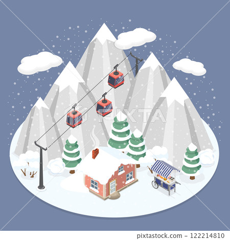 3D Isometric Flat Vector Illustration of Winter Mountain Resort, Landscape With Chalets And Funicular 3D Isometric Flat Vector Illustration of Winter Mountain Resort, Landscape With Chalets And Funicular 122214810