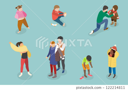 3D Isometric Flat Vector Set of Children Putting Clothes, Dressing Up 3D Isometric Flat Vector Set of Children Putting Clothes, Dressing Up 122214811