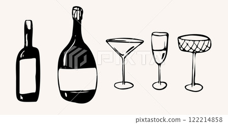 Hand drawn dinner vector set with bottles and glasses. illustration in a sketch whimsical line art style. bold outlines and minimal details. for menus, branding, packaging, social media, and decor 122214858