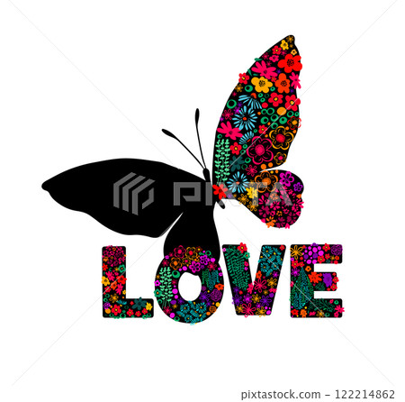 Text love butterflies and flowers. hand drawing. Not AI. Vector illustration 122214862