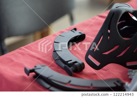 Various objects printed on a 3D printer from molten plastic powder. Different models printed on 3D printer from melted black polyamide powder. New additive 3D printing Multi Jet Fusion MJF technology 122214943