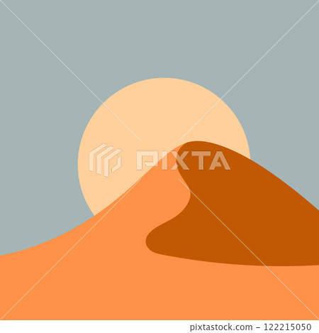 Vector illustration. Abstract landscape with the sun rising over the dunes. The use of warm, calm tones creates the atmosphere of a desert sunset. Vector illustration. Abstract landscape with the sun rising over the dunes. The use of warm, calm tones creates the atmosphere of a desert sunset. 122215050