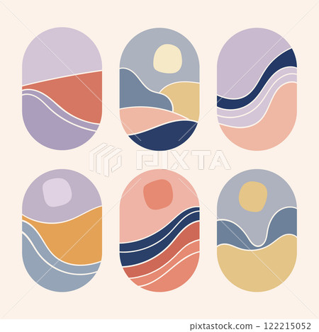 Modern graphic design with abstract ovals and wavy lines. The combination of bright and pastel colors creates a stylish composition. This work radiates lightness and is suitable for decorative design. 122215052