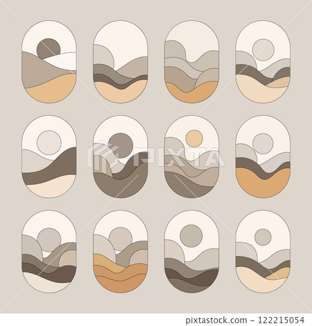 Vector illustration. Multiple oval landscapes with desert motifs. The main shades are warm and neutral, creating a calm design with a hint of nature. Vector illustration. Multiple oval landscapes with desert motifs. The main shades are warm and neutral, creating a calm design with a hint of nature. 122215054