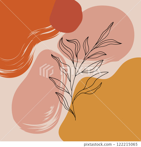 Organic figures in shades of pink, yellow and red with subtle plant lines. Emphasis on naturalness and warm colors. 122215065