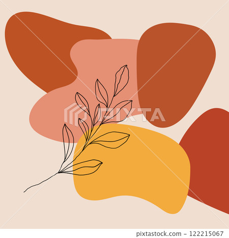 Vector illustration. Abstract composition of soft shapes in warm colors of yellow, orange, red. Organic style with plant motifs. Vector illustration. Abstract composition of soft shapes in warm colors of yellow, orange, red. Organic style with plant motifs. 122215067