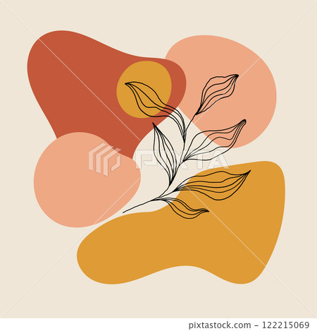 Vector illustration. A composition of abstract shapes resembling leaves, in warm colors of yellow, orange, red. Creates an atmosphere of harmony of nature. Vector illustration. A composition of abstract shapes resembling leaves, in warm colors of yellow, orange, red. Creates an atmosphere of harmony of nature. 122215069