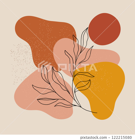 Vector illustration. Abstract composition of soft shapes in warm colors of yellow, orange, red. Organic style with plant motifs. Vector illustration. Abstract composition of soft shapes in warm colors of yellow, orange, red. Organic style with plant motifs. 122215080