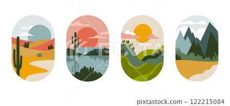 Vector illustration. Abstract mini-landscapes in vertical oval shapes. The colors are green, blue, orange. Natural motifs mountains, trees, sun. Vector illustration. Abstract mini-landscapes in vertical oval shapes. The colors are green, blue, orange. Natural motifs mountains, trees, sun. 122215084