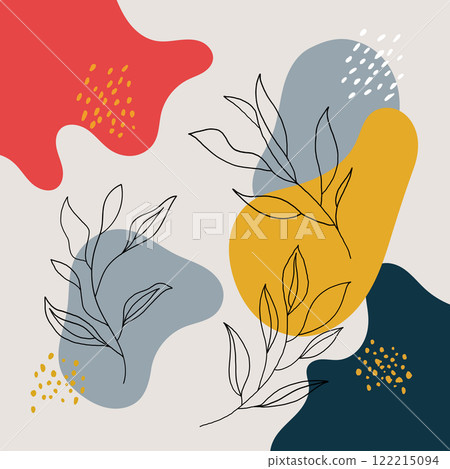 Abstract composition with soft shapes in warm and cold tones of yellow, blue, red, supplemented with graphic elements in the form of plants. Abstract composition with soft shapes in warm and cold tones of yellow, blue, red, supplemented with graphic elements in the form of plants. 122215094