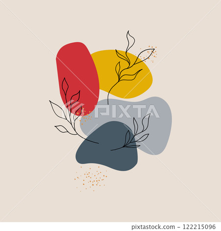 Abstract composition with soft shapes in warm and cold tones of yellow, blue, red, supplemented with graphic elements in the form of plants. Abstract composition with soft shapes in warm and cold tones of yellow, blue, red, supplemented with graphic elements in the form of plants. 122215096