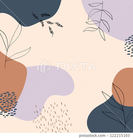 Vector illustration. Soft geometric shapes in pastel colors with details in the form of linear leaves, which creates lightness and natural harmony. 122215103