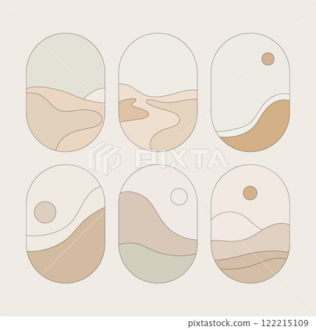 Vector illustration. Minimalist abstract landscapes in warm shades beige, gray, white. A composition of simple forms and tonal transitions. Vector illustration. Minimalist abstract landscapes in warm shades beige, gray, white. A composition of simple forms and tonal transitions. 122215109