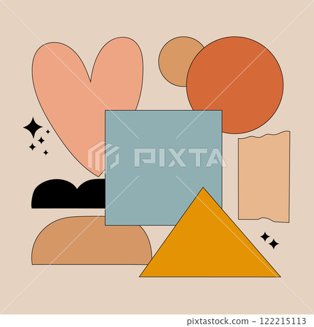 Geometric shapes such as triangles, rectangles, and circles are arranged in a chaotic yet balanced order. The main colors are yellow, orange, blue. Geometric shapes such as triangles, rectangles, and circles are arranged in a chaotic yet balanced order. The main colors are yellow, orange, blue. 122215113