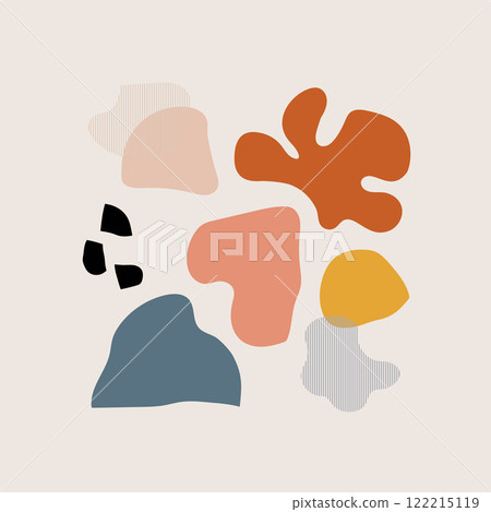 Abstract composition of geometric shapes in pastel colors. Soft shapes such as circles, trapezoids and arcs are used. The main colors are gray, pink, yellow, blue. Abstract composition of geometric shapes in pastel colors. Soft shapes such as circles, trapezoids and arcs are used. The main colors are gray, pink, yellow, blue. 122215119